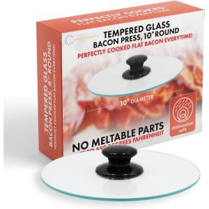 imageNorthwest Enterprises Bacon Press Round Tempered Glass Bacon Press and Splatter Shield Perfectly Cooked Flat Bacon Every time 8 Inch10 Inch