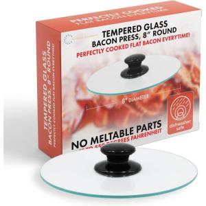 imageNorthwest Enterprises Bacon Press Round Tempered Glass Bacon Press and Splatter Shield Perfectly Cooked Flat Bacon Every time 8 Inch8 Inch